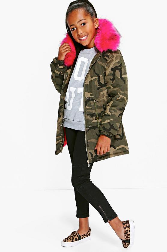 Girls Camo Faux Fur Contrast Hood Coat